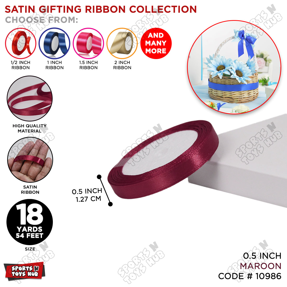 1/2 Inch x 18 Yards – Multi-Purpose Satin Ribbon Roll for Gift Wrapping, Crafts & Decorations