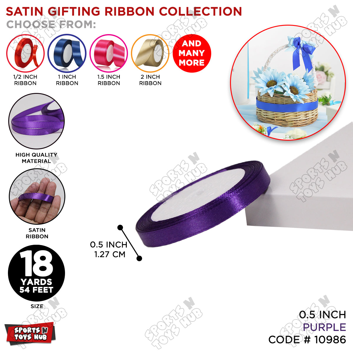1/2 Inch x 18 Yards – Multi-Purpose Satin Ribbon Roll for Gift Wrapping, Crafts & Decorations