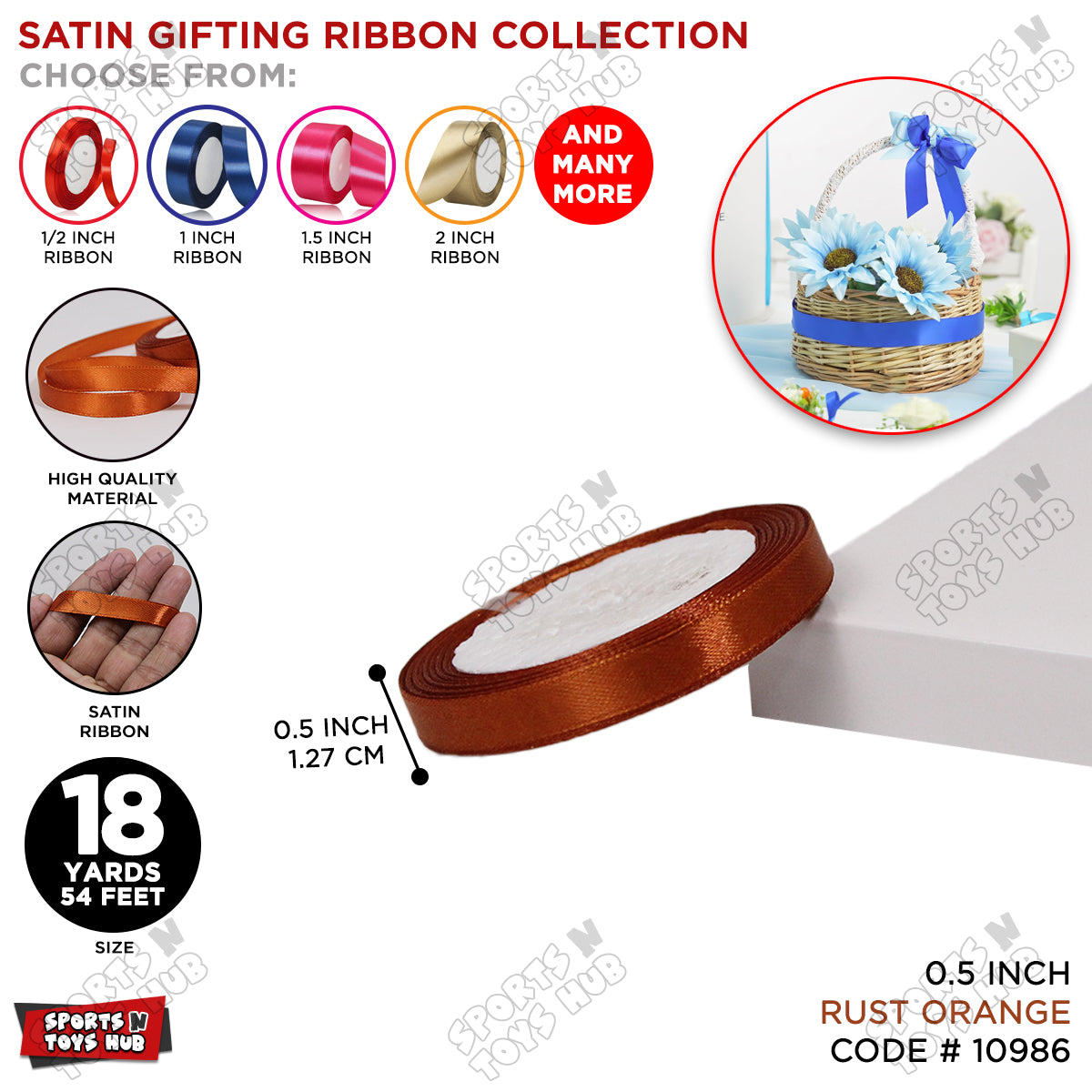1/2 Inch x 18 Yards – Multi-Purpose Satin Ribbon Roll for Gift Wrapping, Crafts & Decorations