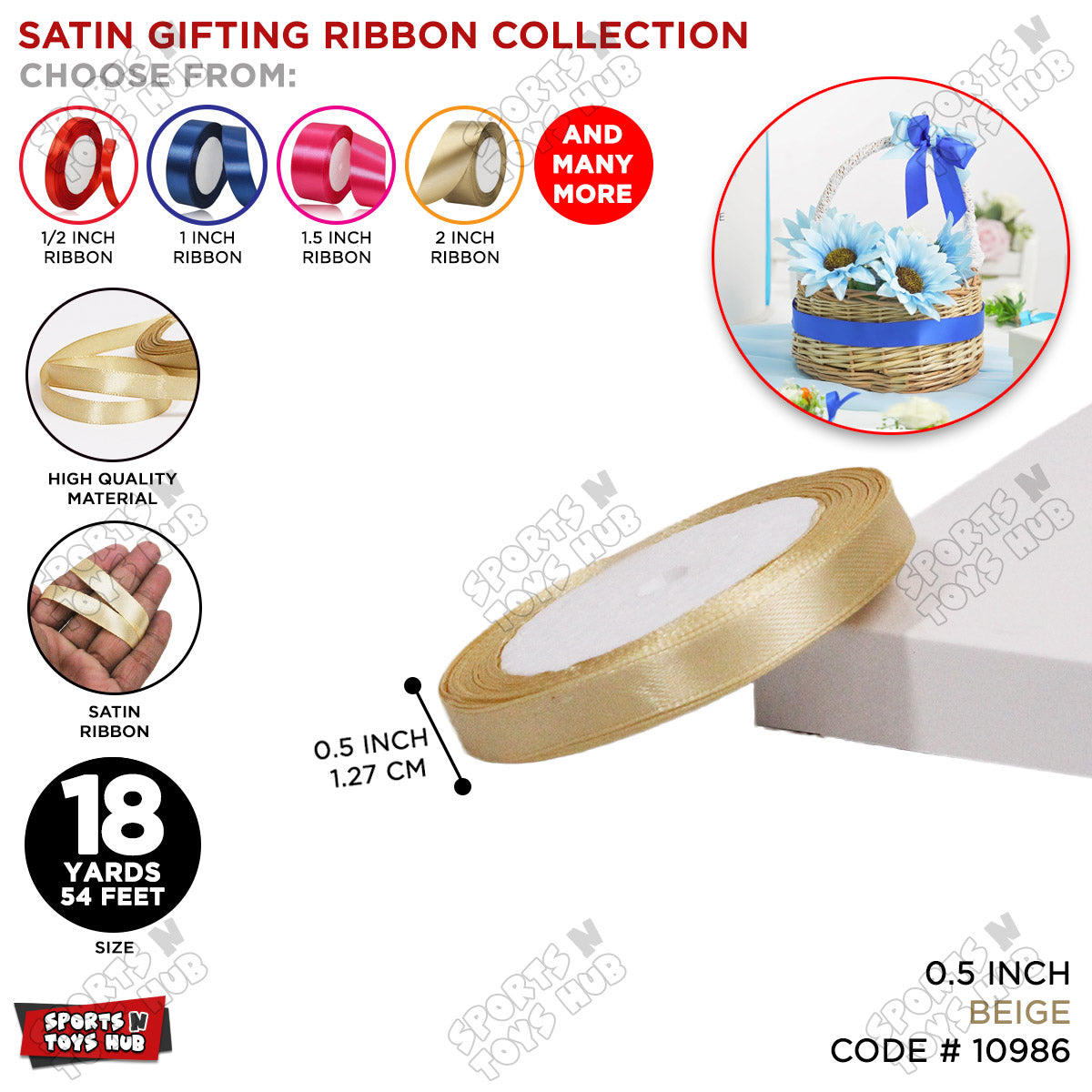 1/2 Inch x 18 Yards – Multi-Purpose Satin Ribbon Roll for Gift Wrapping, Crafts & Decorations