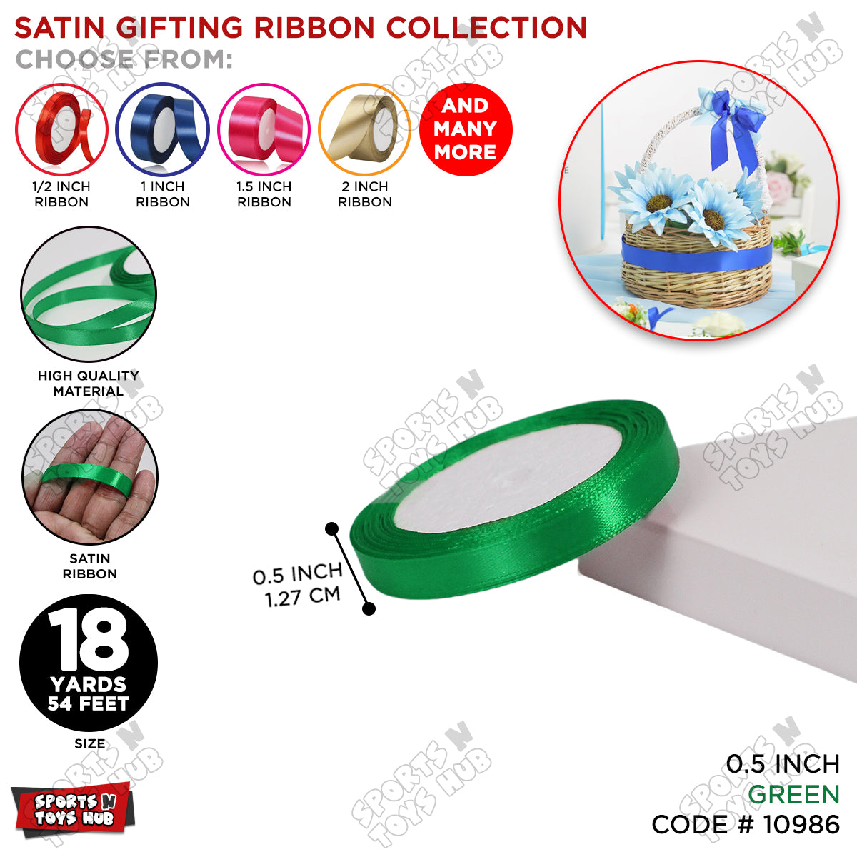1/2 Inch x 18 Yards – Multi-Purpose Satin Ribbon Roll for Gift Wrapping, Crafts & Decorations