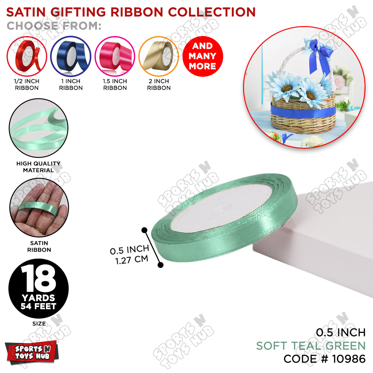 1/2 Inch x 18 Yards – Multi-Purpose Satin Ribbon Roll for Gift Wrapping, Crafts & Decorations
