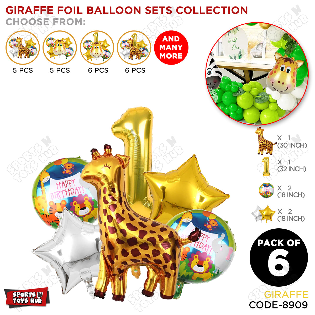 Giraffe Jungle Safari Pack Of 6 Foil Balloon Set
