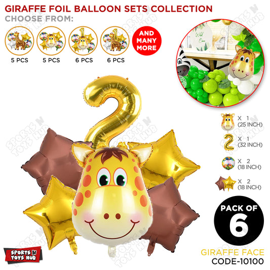 Jungle Safari Giraffe Face Pack Of 6 Foil Balloon Set