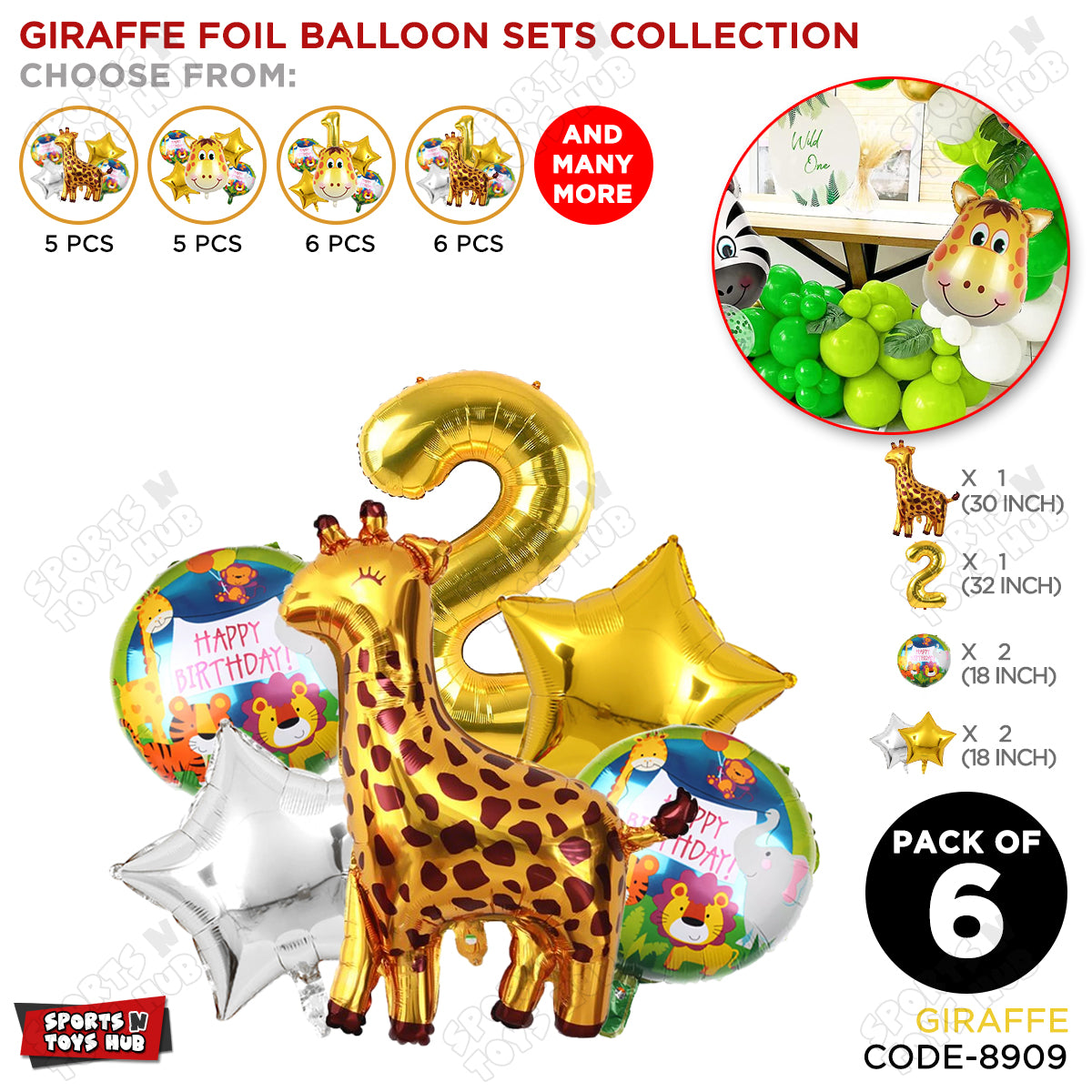 Giraffe Jungle Safari Pack Of 6 Foil Balloon Set