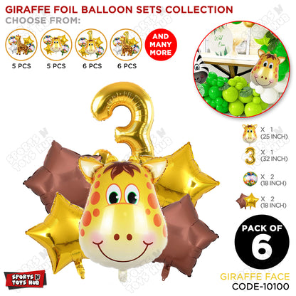 Jungle Safari Giraffe Face Pack Of 6 Foil Balloon Set