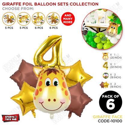 Jungle Safari Giraffe Face Pack Of 6 Foil Balloon Set