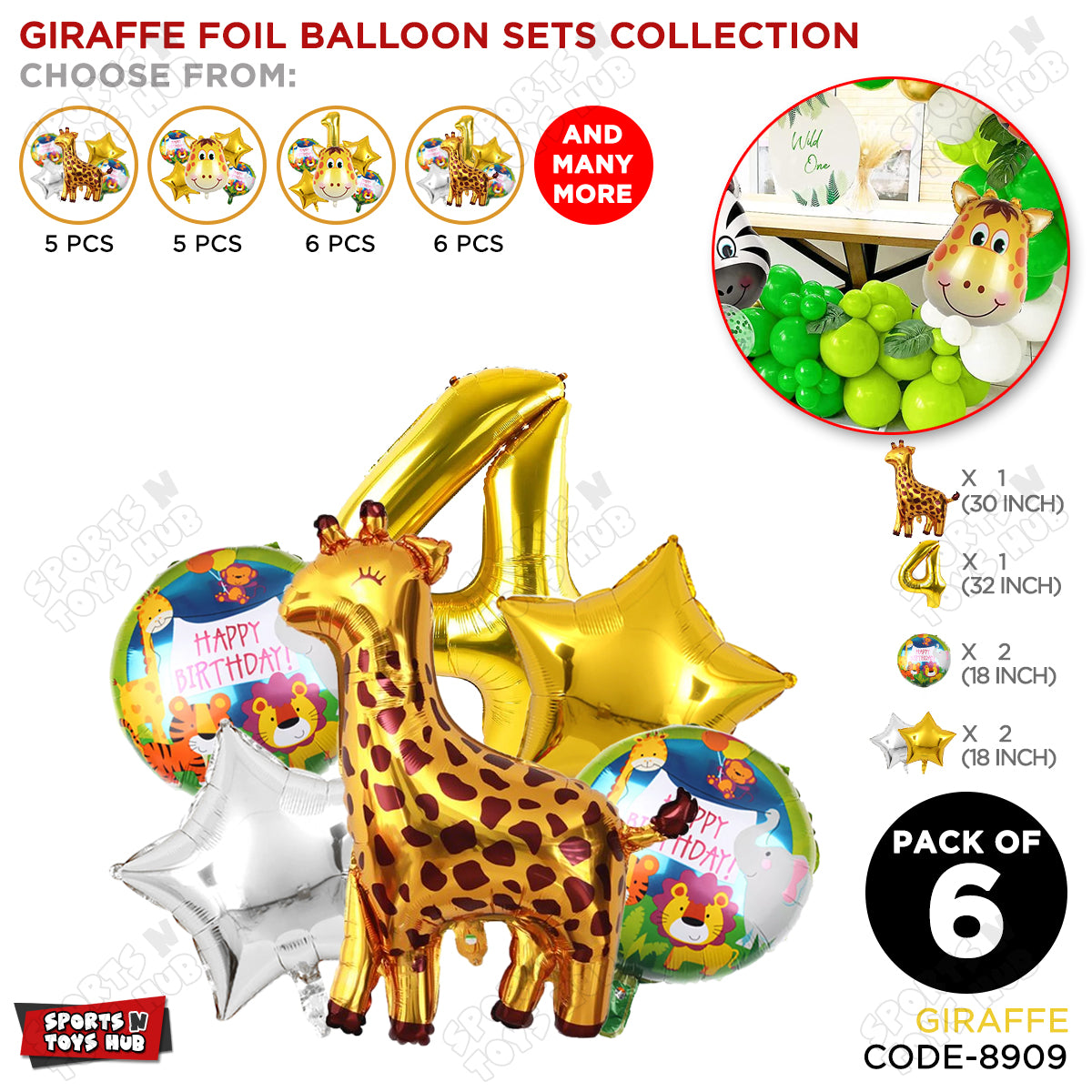 Giraffe Jungle Safari Pack Of 6 Foil Balloon Set