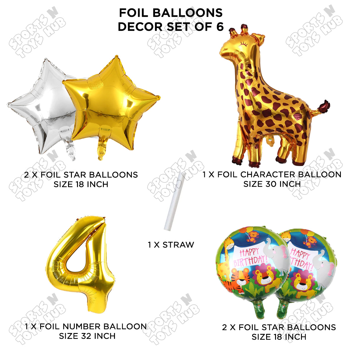 Giraffe Jungle Safari Pack Of 6 Foil Balloon Set