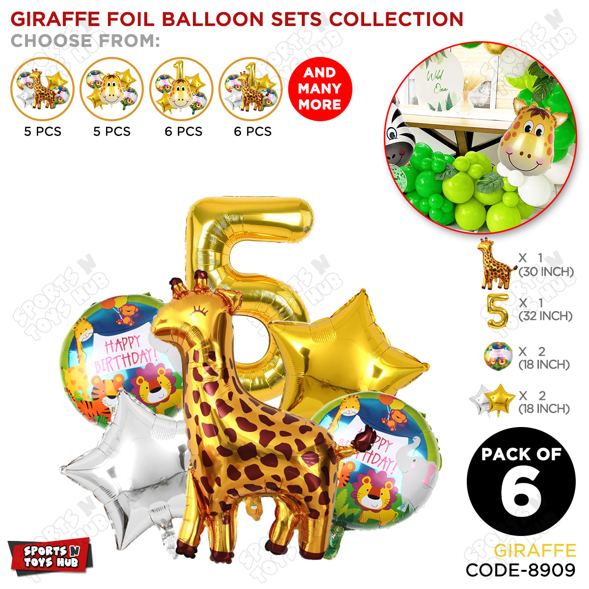Giraffe Jungle Safari Pack Of 6 Foil Balloon Set