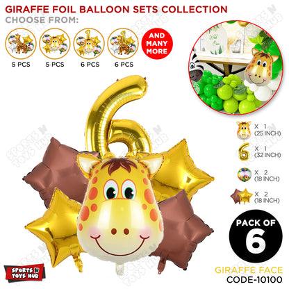 Jungle Safari Giraffe Face Pack Of 6 Foil Balloon Set