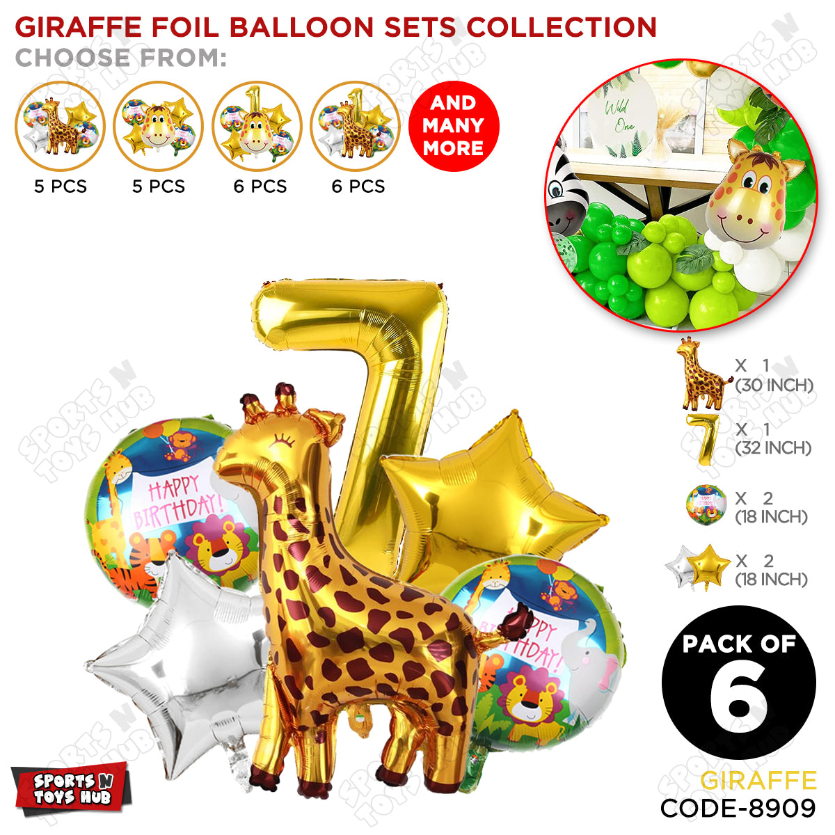 Giraffe Jungle Safari Pack Of 6 Foil Balloon Set