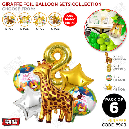 Giraffe Jungle Safari Pack Of 6 Foil Balloon Set