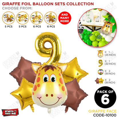 Jungle Safari Giraffe Face Pack Of 6 Foil Balloon Set