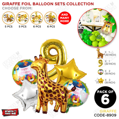 Giraffe Jungle Safari Pack Of 6 Foil Balloon Set
