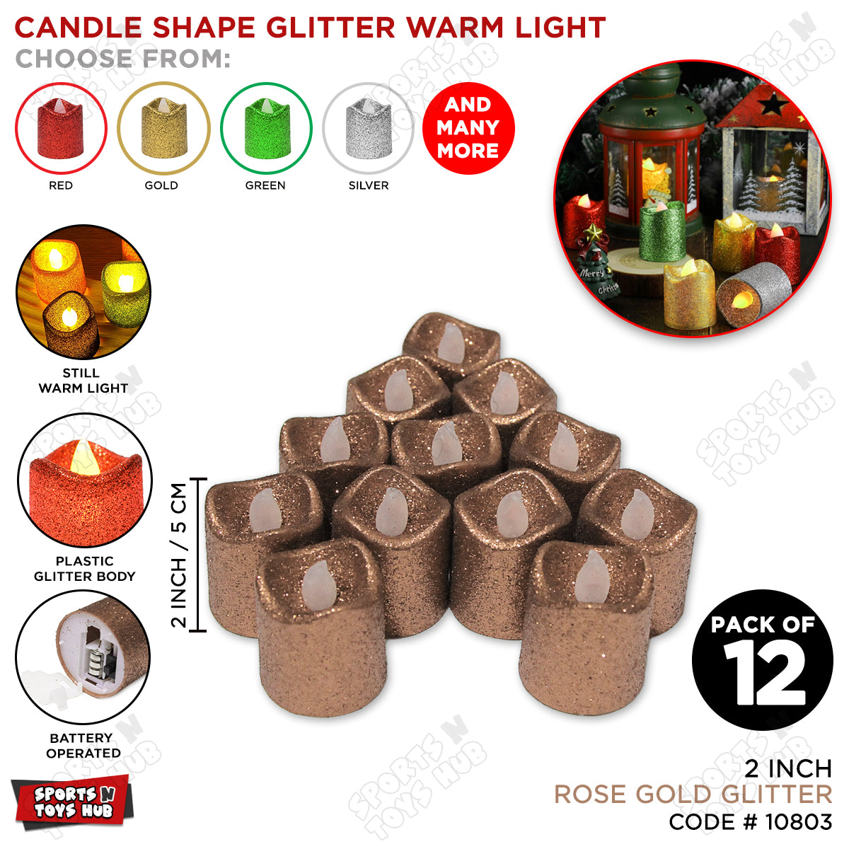 Candle Shape Glitter Warm LED Light - 12 Pcs