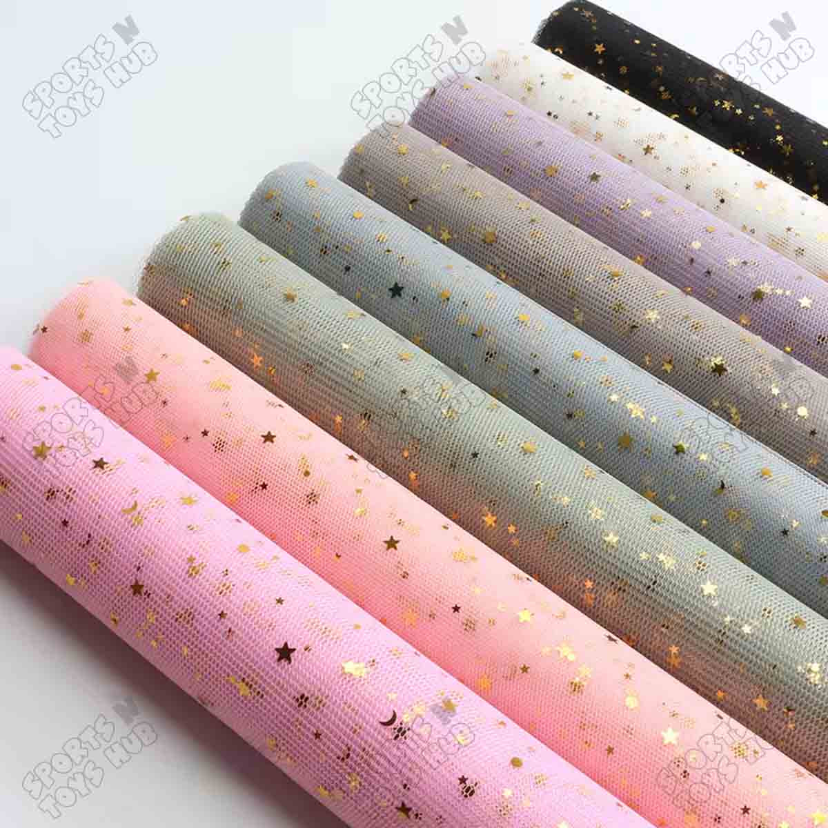 Glittery Mesh Net Wrapping Roll 5 Yards x 19 Inches Star & Moon Pattern See-Through Polyester Tulle for Flower Bouquets & Gift Wrapping