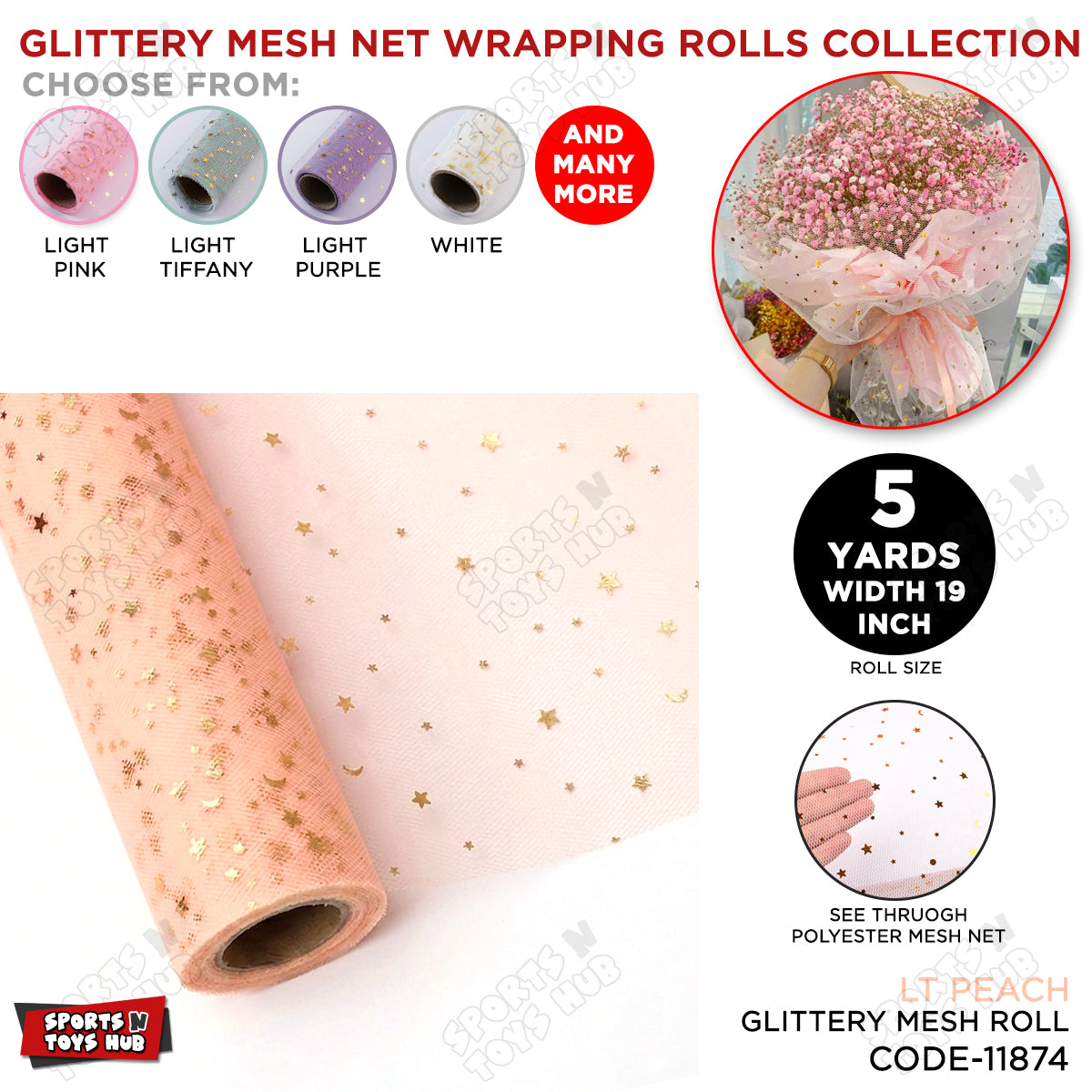 Glittery Mesh Net Wrapping Roll 5 Yards x 19 Inches Star & Moon Pattern See-Through Polyester Tulle for Flower Bouquets & Gift Wrapping