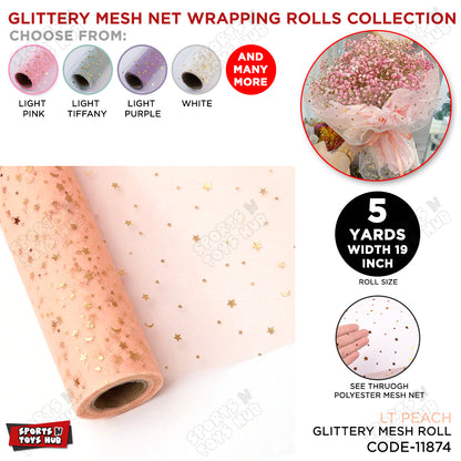 Glittery Mesh Net Wrapping Roll 5 Yards x 19 Inches Star & Moon Pattern See-Through Polyester Tulle for Flower Bouquets & Gift Wrapping
