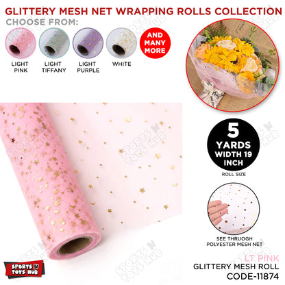 Glittery Mesh Net Wrapping Roll 5 Yards x 19 Inches Star & Moon Pattern See-Through Polyester Tulle for Flower Bouquets & Gift Wrapping