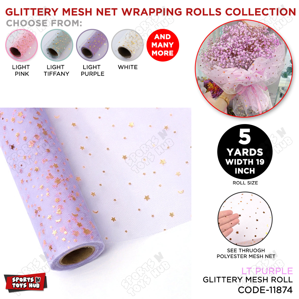 Glittery Mesh Net Wrapping Roll 5 Yards x 19 Inches Star & Moon Pattern See-Through Polyester Tulle for Flower Bouquets & Gift Wrapping