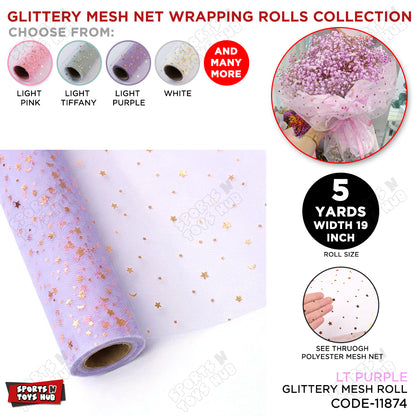 Glittery Mesh Net Wrapping Roll 5 Yards x 19 Inches Star & Moon Pattern See-Through Polyester Tulle for Flower Bouquets & Gift Wrapping