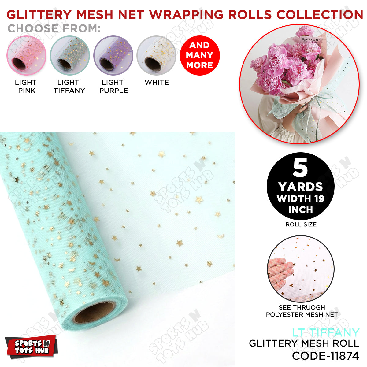 Glittery Mesh Net Wrapping Roll 5 Yards x 19 Inches Star & Moon Pattern See-Through Polyester Tulle for Flower Bouquets & Gift Wrapping