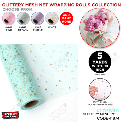 Glittery Mesh Net Wrapping Roll 5 Yards x 19 Inches Star & Moon Pattern See-Through Polyester Tulle for Flower Bouquets & Gift Wrapping