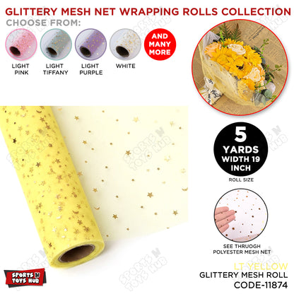 Glittery Mesh Net Wrapping Roll 5 Yards x 19 Inches Star & Moon Pattern See-Through Polyester Tulle for Flower Bouquets & Gift Wrapping