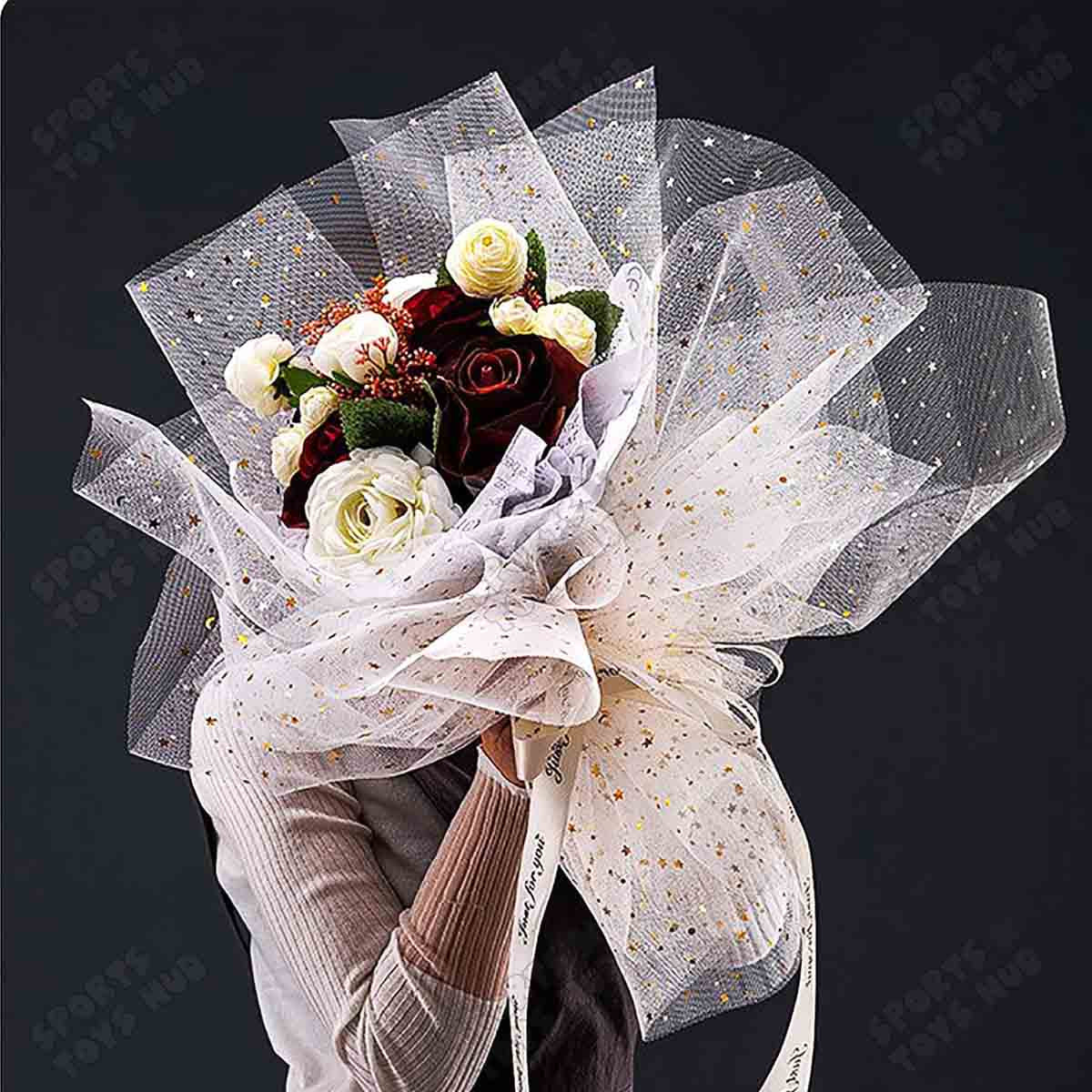 Glittery Mesh Net Wrapping Roll 5 Yards x 19 Inches Star & Moon Pattern See-Through Polyester Tulle for Flower Bouquets & Gift Wrapping