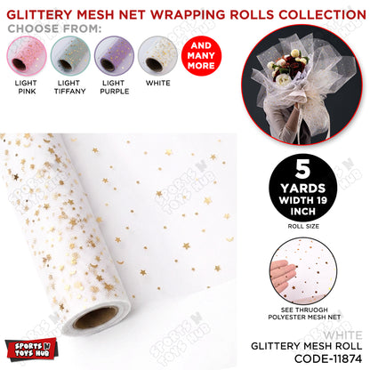 Glittery Mesh Net Wrapping Roll 5 Yards x 19 Inches Star & Moon Pattern See-Through Polyester Tulle for Flower Bouquets & Gift Wrapping