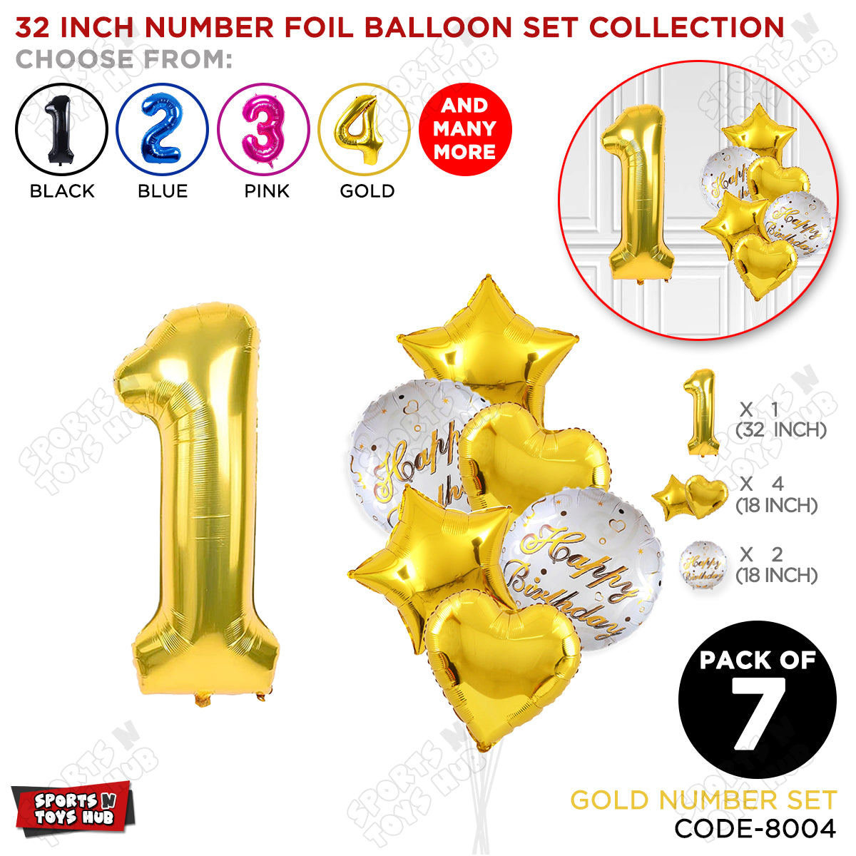 32 Inch Gold Color Number Foil Balloon With Round Printed Balloon Set