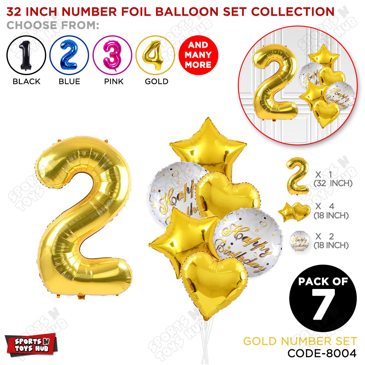 32 Inch Gold Color Number Foil Balloon With Round Printed Balloon Set