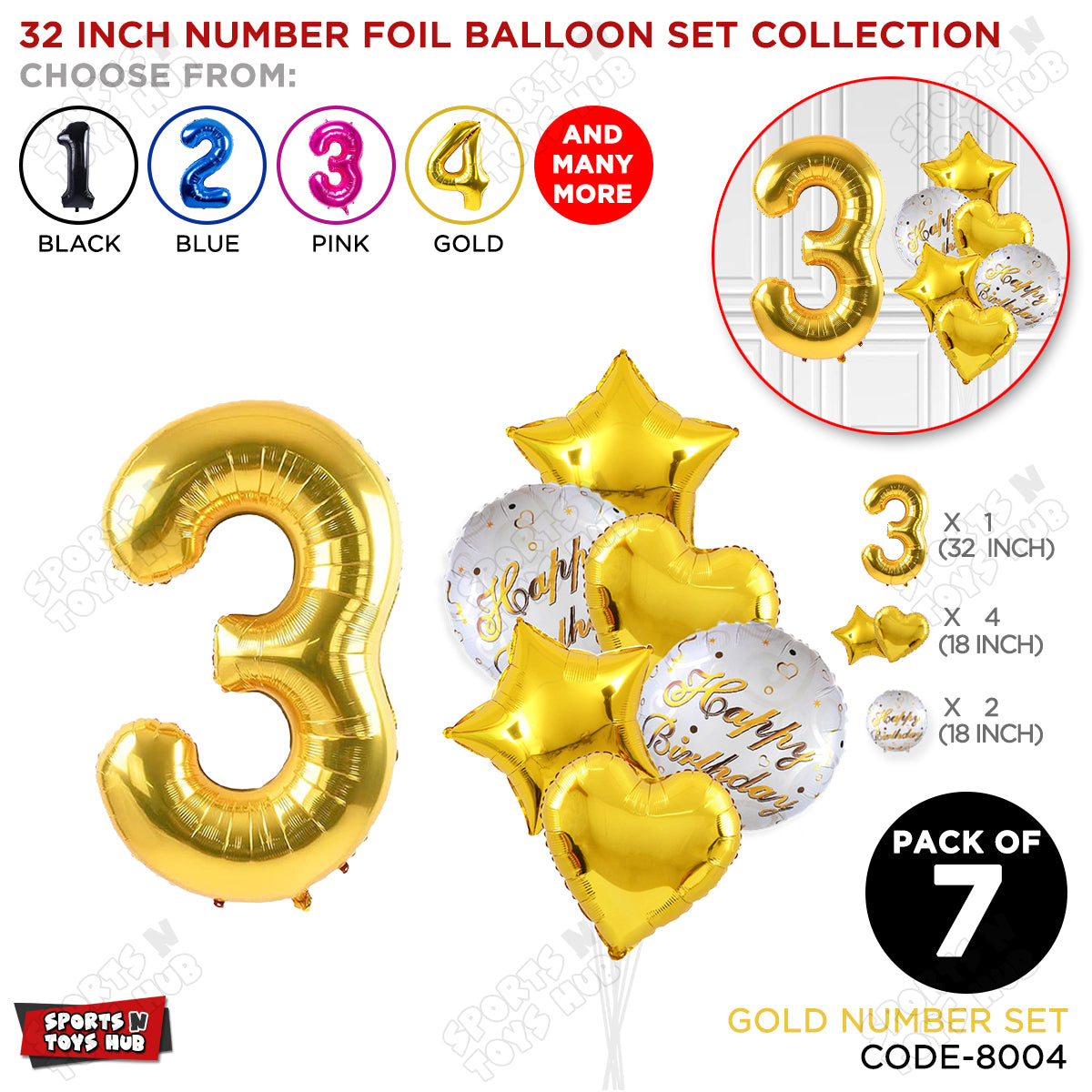 32 Inch Gold Color Number Foil Balloon With Round Printed Balloon Set