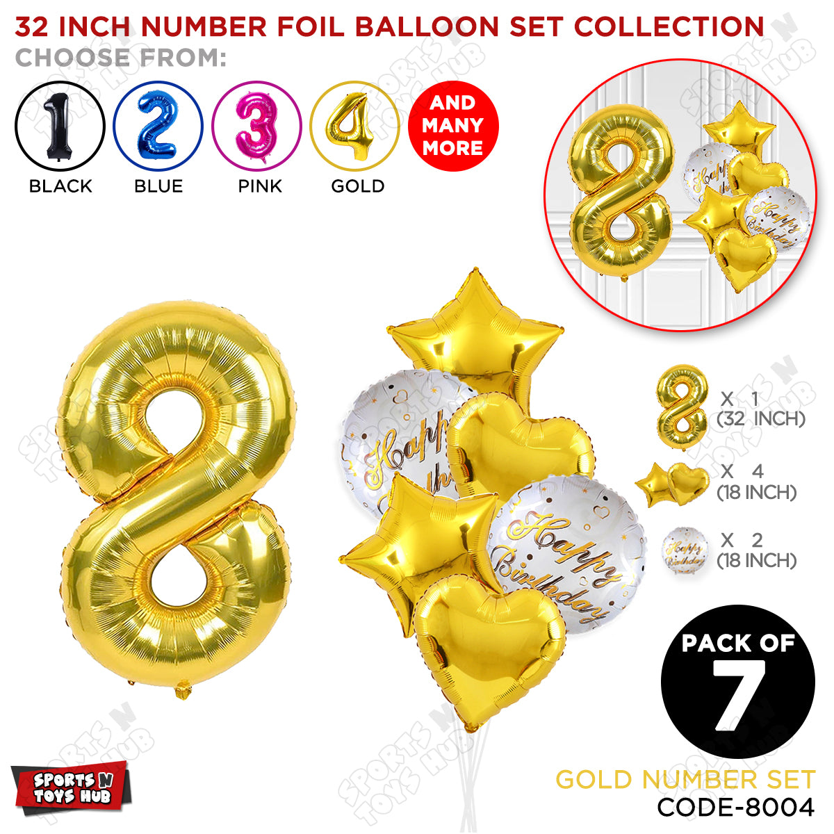 32 Inch Gold Color Number Foil Balloon With Round Printed Balloon Set
