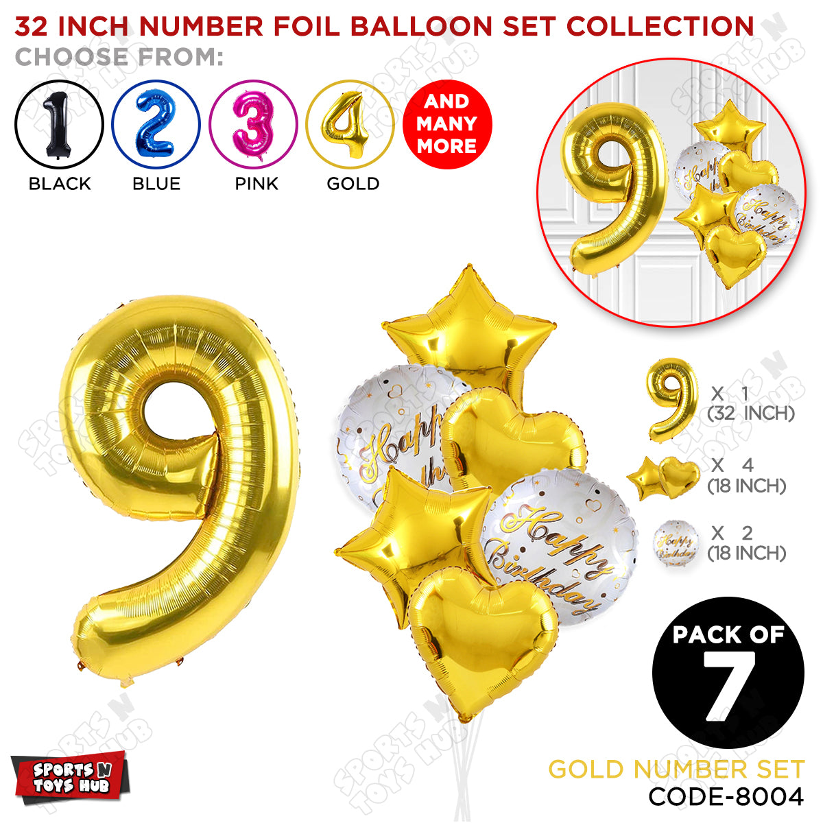 32 Inch Gold Color Number Foil Balloon With Round Printed Balloon Set