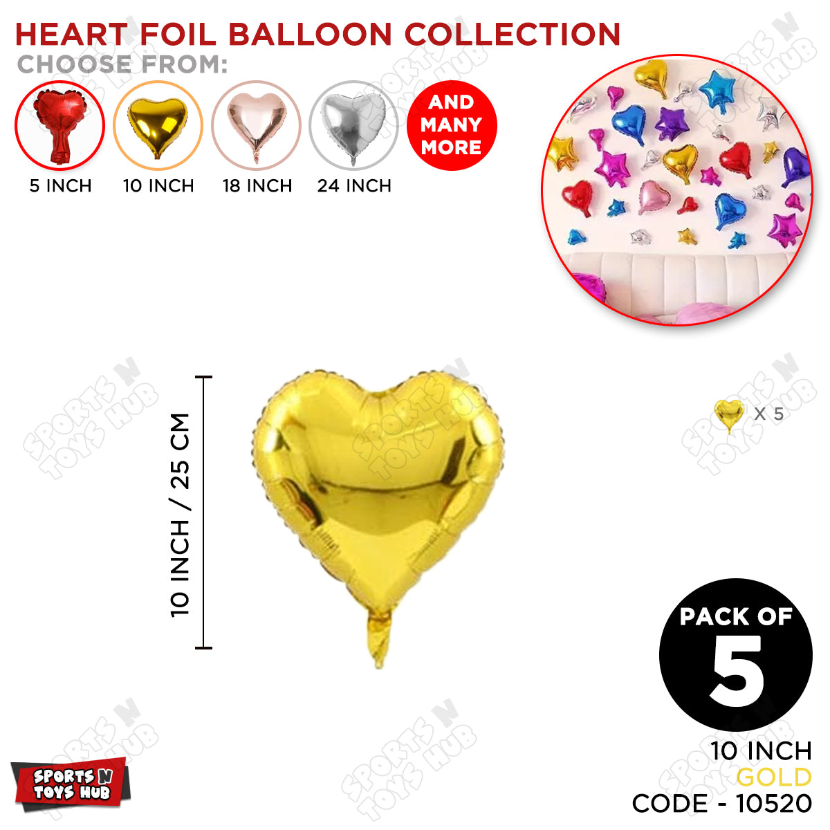10 Inch - Heart Shape Foil Balloon Collection - Pack Of 5