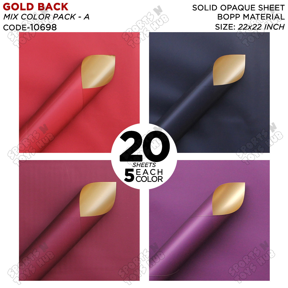 Plain Solid Colour Opaque Reversible Bouquet Sheets with Gold Back - Mix Color 20 Sheet Pack - Floral Wrapping Sheets