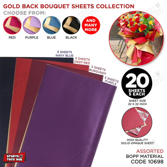 Plain Solid Colour Opaque Reversible Bouquet Sheets with Gold Back - Mix Color 20 Sheet Pack - Floral Wrapping Sheets