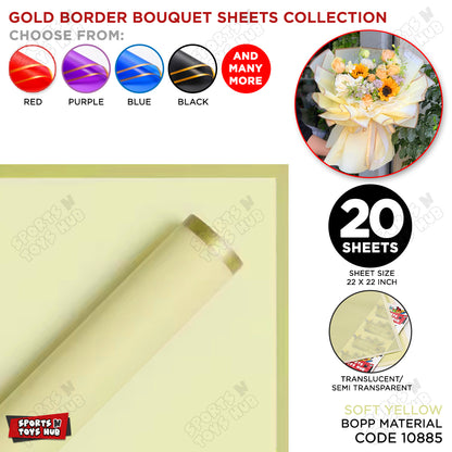 Gold Border Frosted Jelly Flower Wrapping Sheets – Translucent Matte Floral Wrapping Paper, Elegant Bouquet & Gift Wrapping Sheets, Pack of 20