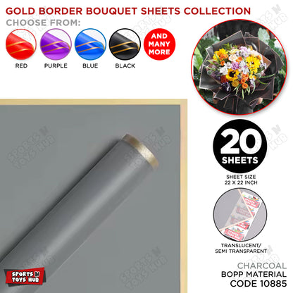 Gold Border Frosted Jelly Flower Wrapping Sheets – Translucent Matte Floral Wrapping Paper, Elegant Bouquet & Gift Wrapping Sheets, Pack of 20
