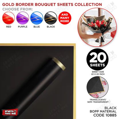 Gold Border Frosted Jelly Flower Wrapping Sheets – Translucent Matte Floral Wrapping Paper, Elegant Bouquet & Gift Wrapping Sheets, Pack of 20