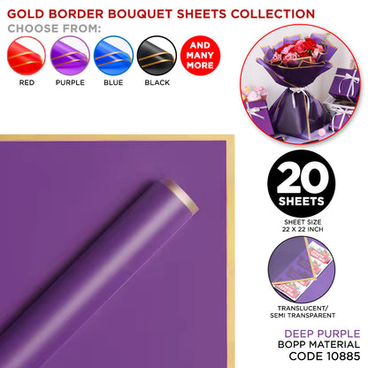 Gold Border Frosted Jelly Flower Wrapping Sheets – Translucent Matte Floral Wrapping Paper, Elegant Bouquet & Gift Wrapping Sheets, Pack of 20