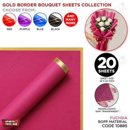 Gold Border Frosted Jelly Flower Wrapping Sheets – Translucent Matte Floral Wrapping Paper, Elegant Bouquet & Gift Wrapping Sheets, Pack of 20