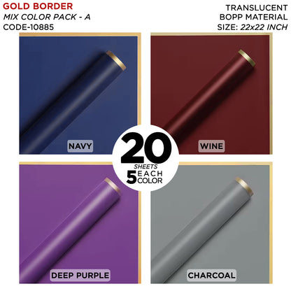 Gold Border Frosted Jelly Flower Wrapping Sheets – Translucent Matte Floral Wrapping Paper, Elegant Bouquet & Gift Wrapping Sheets, Pack of 20