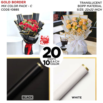 Gold Border Frosted Jelly Flower Wrapping Sheets – Translucent Matte Floral Wrapping Paper, Elegant Bouquet & Gift Wrapping Sheets, Pack of 20