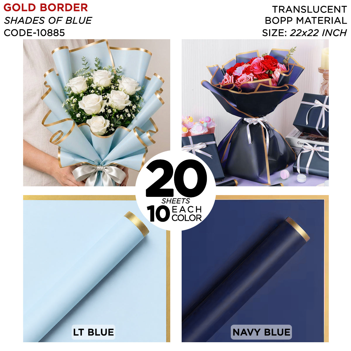 Gold Border Frosted Jelly Flower Wrapping Sheets – Translucent Matte Floral Wrapping Paper, Elegant Bouquet & Gift Wrapping Sheets, Pack of 20