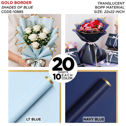 Gold Border Frosted Jelly Flower Wrapping Sheets – Translucent Matte Floral Wrapping Paper, Elegant Bouquet & Gift Wrapping Sheets, Pack of 20