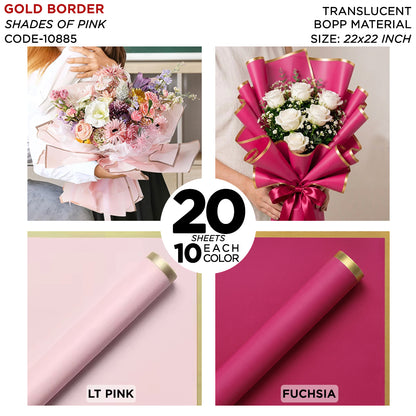 Gold Border Frosted Jelly Flower Wrapping Sheets – Translucent Matte Floral Wrapping Paper, Elegant Bouquet & Gift Wrapping Sheets, Pack of 20