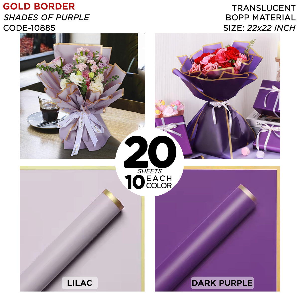 Gold Border Frosted Jelly Flower Wrapping Sheets – Translucent Matte Floral Wrapping Paper, Elegant Bouquet & Gift Wrapping Sheets, Pack of 20